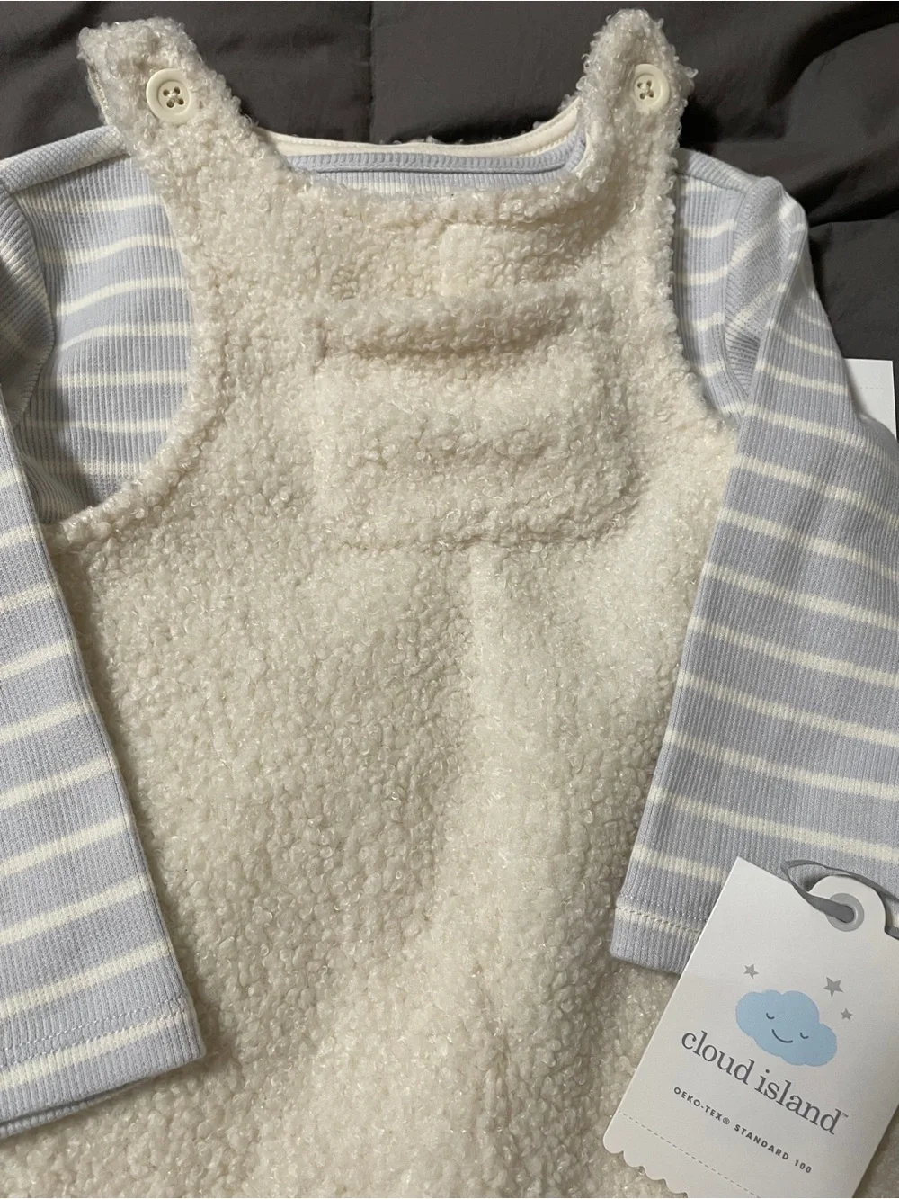 2 Cloud Island Sherpa Baby Overalls w/gray/blue striped shirt size 6-9 months